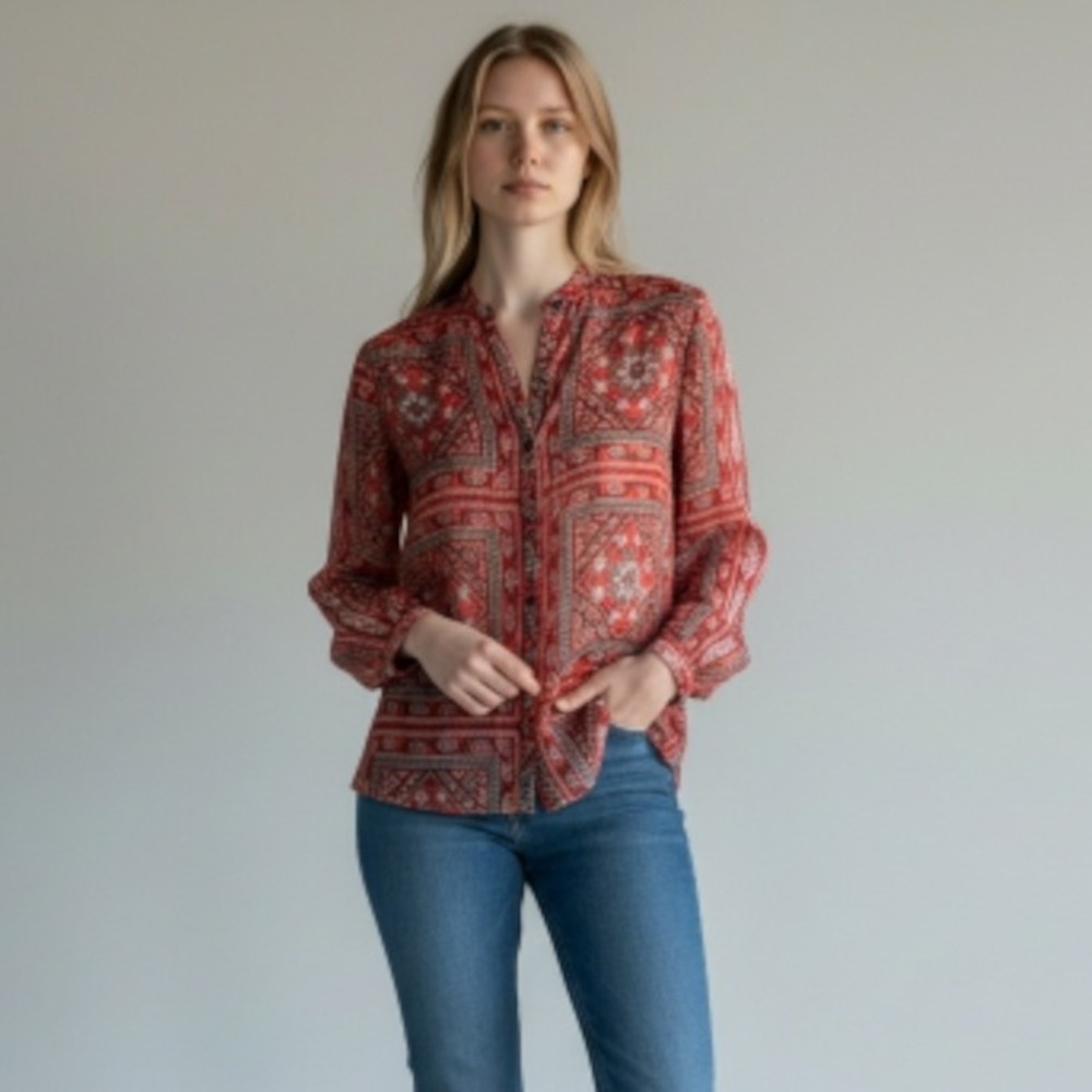 Isabel Marant Silk‎ Scarfe Print Button Down Long Sleeve Blouse Top Size 40 US 8
